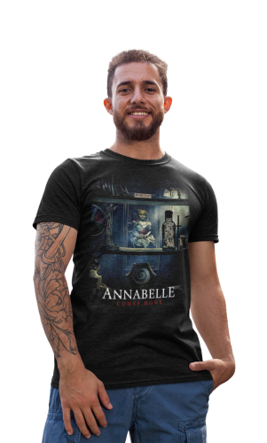 MĘSKA KOSZULKA FILMOWA Z NADRUKIEM NA HALLOWEEN HORROR ANNABELLE COMES HOME LALKA