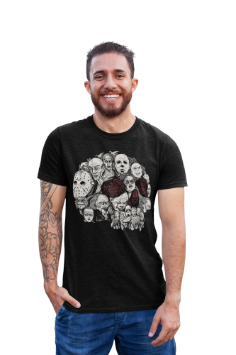MĘSKA KOSZULKA FILMOWA Z NADRUKIEM NA HALLOWEEN HORROR STRASZNE POSTACIE BOHATEROWIE HORRORÓW CZASZKA