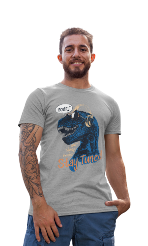 MĘSKA KOSZULKA MUZYCZNA MUZYKA DINOZAUR SŁUCHAWKI STAY TUNED