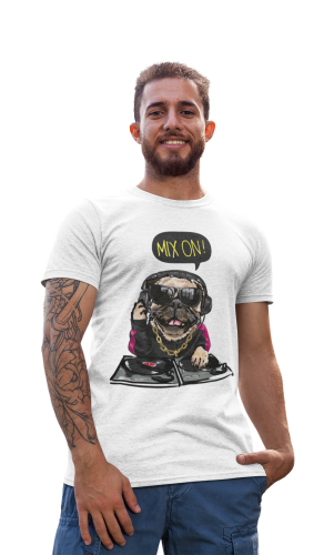 MĘSKA KOSZULKA MUZYCZNA MUZYKA PIES ZA KONSOLĄ MOPS PUG IMPREZA