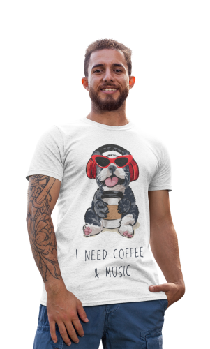 MĘSKA KOSZULKA MUZYCZNA MUZYKA PIES SZCZENIAK BULDOG FRANCUSKI SŁUCHAWKI COFFEE & MUSIC 