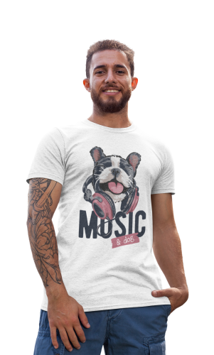 MĘSKA KOSZULKA MUZYCZNA MUZYKA PIES BULDOG FRANCUSKI SŁUCHAWKI MUSIC & DOG 