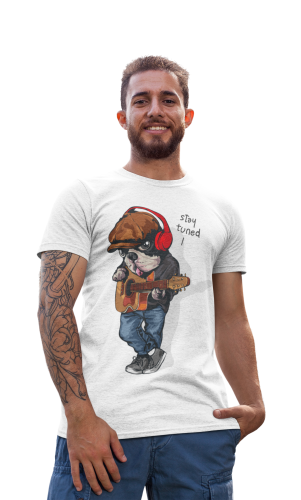 MĘSKA KOSZULKA MUZYCZNA MUZYKA PIES BULDOG FRANCUSKI Z GITARĄ MELOMAN 