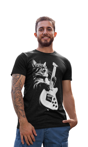 MĘSKA KOSZULKA MUZYCZNA MUZYKA GITARZYSTA KOT Z GITARĄ 