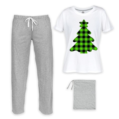 DAMSKA PIŻAMA ŚWIĄTECZNA Z NADRUKIEM CHOINKA W KRATKĘ SZKOCKA KRATA 1