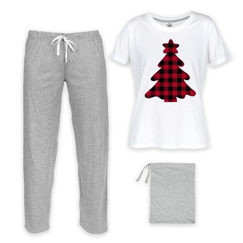 DAMSKA PIŻAMA ŚWIĄTECZNA Z NADRUKIEM CHOINKA W KRATKĘ SZKOCKA KRATA 1