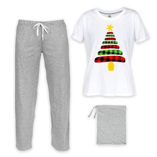 DAMSKA PIŻAMA ŚWIĄTECZNA Z NADRUKIEM KOLOROWA CHOINKA W KRATKĘ SZKOCKA KRATA 1