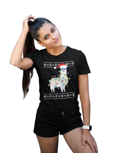 KOSZULKA DAMSKA NA ŚWIĘTA BOŻE NARODZENIE ŚWIĄTECZNA LAMA KOLOROWE LAMPKI