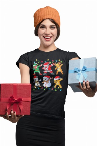 KOSZULKA DAMSKA NA ŚWIĘTA BOŻE NARODZENIE EKIPA MIKOŁAJA DABBING KOLOROWE LAMPKI 