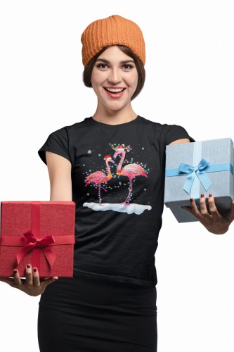 KOSZULKA DAMSKA NA ŚWIĘTA BOŻE NARODZENIE ŚWIĄTECZNE FLAMINGI NA ŚNIEGU