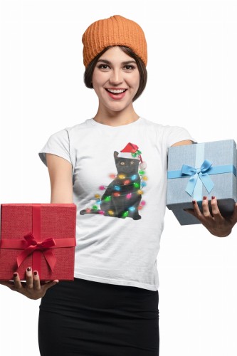 KOSZULKA DAMSKA NA ŚWIĘTA BOŻE NARODZENIE ŚWIĄTECZNY KOTEK I KOLORWE LAMPKI 