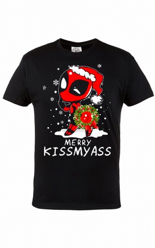 MĘSKA KOSZULKA ŚWIĄTECZNA NA BOŻE NARODZENIE DEADPOOL MERRY KISSMYASS