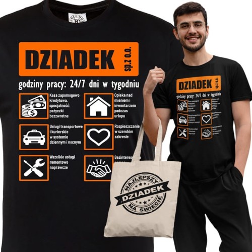 KOSZULKA PREZENT NA DZIEŃ DZIADKA FIRMA DZIADEK GODZINY PRACY TORBA GRATIS 1