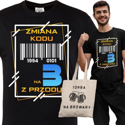 PERSONALIZOWANA KOSZULKA PREZENT NA 30 URODZINY ZMIANA KODU NA 3 Z PRZODU TORBA GRATIS 1