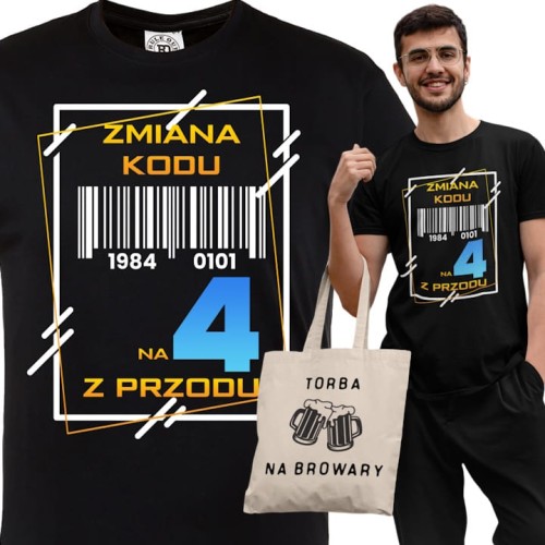 PERSONALIZOWANA KOSZULKA PREZENT NA 40 URODZINY ZMIANA KODU NA 4 Z PRZODU TORBA GRATIS