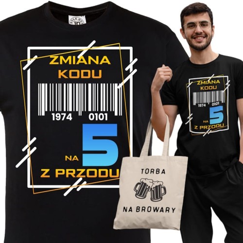 PERSONALIZOWANA KOSZULKA PREZENT NA 50 URODZINY ZMIANA KODU NA 5 Z PRZODU TORBA GRATIS 1