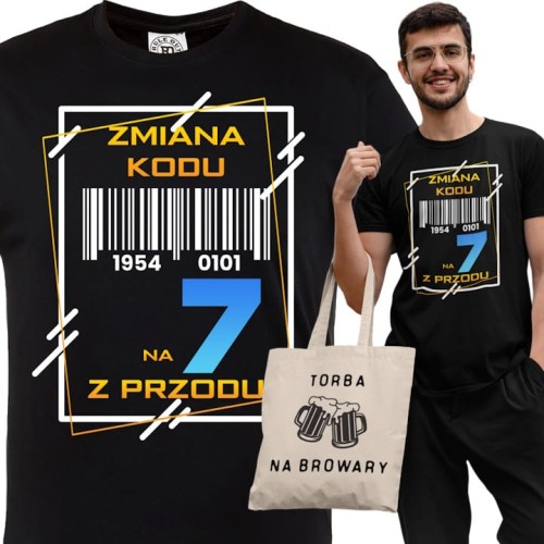 PERSONALIZOWANA KOSZULKA PREZENT NA 70 URODZINY ZMIANA KODU NA 7 Z PRZODU TORBA GRATIS 1