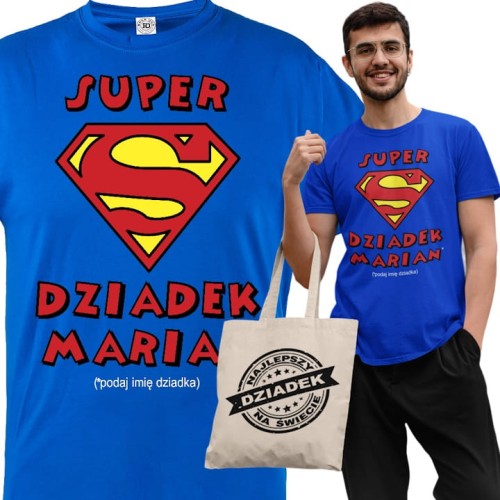 KOSZULKA PERSONALIZOWANA PREZENT NA DZIEŃ DZIADKA SUPER DZIADEK IMIĘ DZIADKA TORBA GRATIS