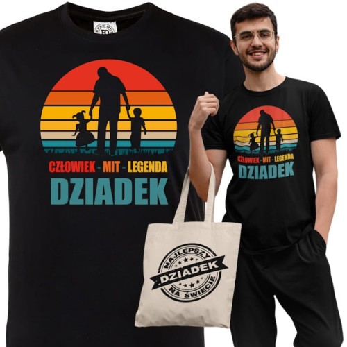 KOSZULKA PREZENT NA DZIEŃ DZIADKA DZIADEK Z WNUCZKĄ I WNUKIEM CZŁOWIEK MIT LEGENDA TORBA GRATIS 1