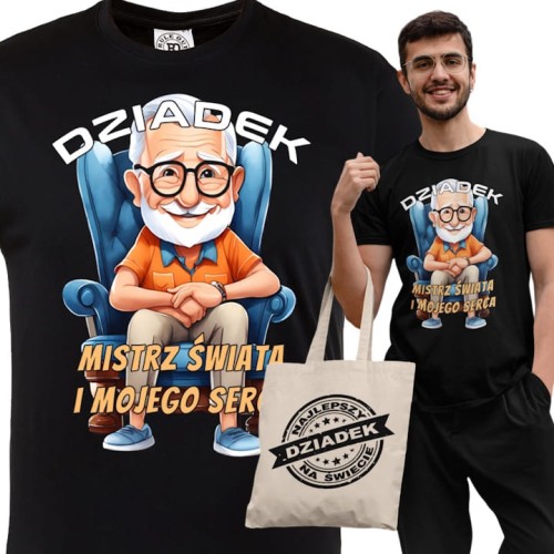 KOSZULKA PREZENT NA DZIEŃ DZIADKA DZIADEK MISTRZ ŚWIATA I MOJEGO SERCA TORBA GRATIS 1