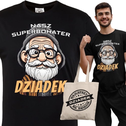 KOSZULKA PREZENT NA DZIEŃ DZIADKA DZIADEK NASZ SUPERBOHATER TORBA GRATIS 1