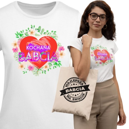 DAMSKA KOSZULKA PREZENT NA DZIEŃ BABCI KOCHANA BABCIA SERCE TORBA GRATIS 1