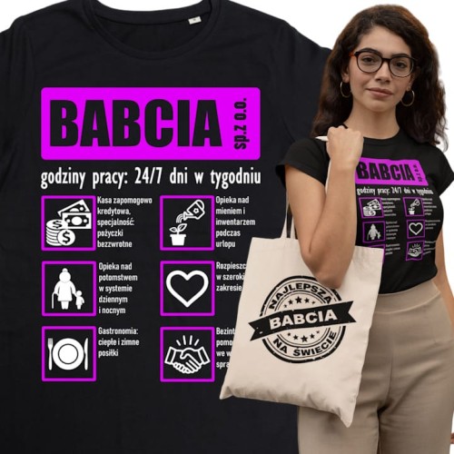 DAMSKA KOSZULKA PREZENT NA DZIEŃ BABCI FIRMA BABCIA GODZINY PRACY TORBA GRATIS 1