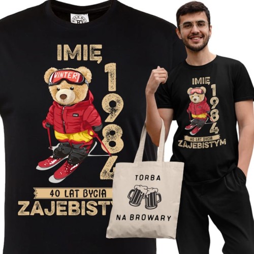 PERSONALIZOWANA KOSZULKA PREZENT NA URODZINY MIŚ NARCIARZ PODAJ IMIĘ I ROK TORBA GRATIS 1