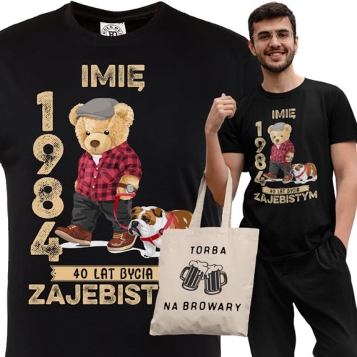 PERSONALIZOWANA KOSZULKA PREZENT NA URODZINY MIŚ Z PSEM PODAJ IMIĘ I ROK TORBA GRATIS