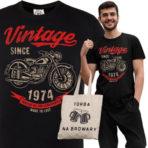KOSZULKA PREZENT NA 50 URODZINY VINTAGE MOTOCYKL 1974 TORBA GRATIS