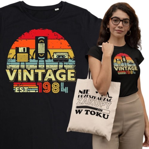 DAMSKA KOSZULKA PREZENT NA 40 URODZINY KASETY VINTAGE 1984 TORBA GRATIS 1