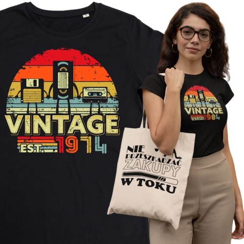 DAMSKA KOSZULKA PREZENT NA 50 URODZINY KASETY VINTAGE 1974 TORBA GRATIS 1