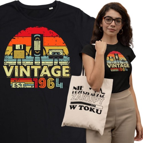 DAMSKA KOSZULKA PREZENT NA 60 URODZINY KASETY VINTAGE 1964 TORBA GRATIS 1