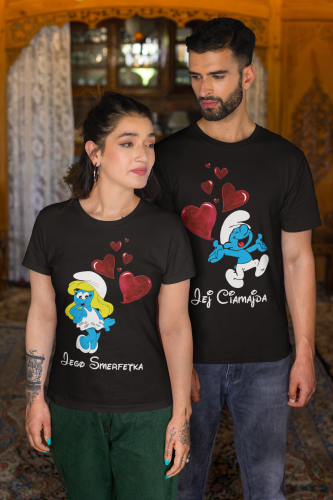 ZESTAW KOSZULEK WALENTYNKOWYCH LOVE PREZENT NA WALENTYNKI DLA PARY SMERFETKA I CIAMAJDA SMERFY 4