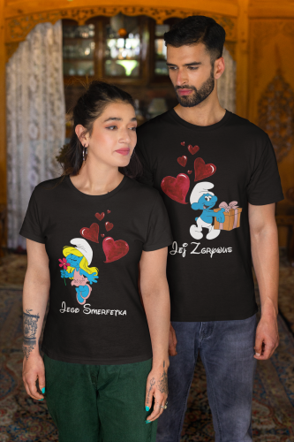 ZESTAW KOSZULEK WALENTYNKOWYCH LOVE PREZENT NA WALENTYNKI DLA PARY SMERFETKA I ZGRYWUS SMERFY 3