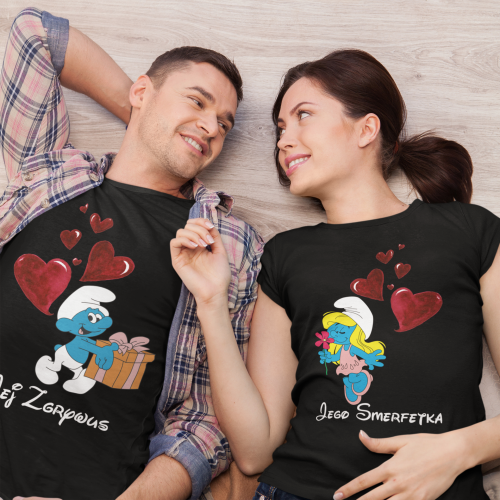 ZESTAW KOSZULEK WALENTYNKOWYCH LOVE PREZENT NA WALENTYNKI DLA PARY SMERFETKA I ZGRYWUS SMERFY 4