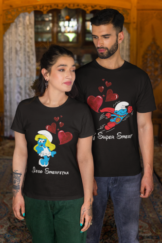 ZESTAW KOSZULEK WALENTYNKOWYCH LOVE PREZENT NA WALENTYNKI DLA PARY SMERFETKA I SUPER SMERF SMERFY 3
