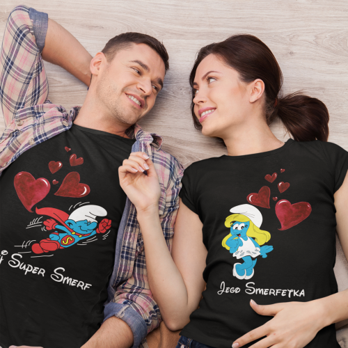 ZESTAW KOSZULEK WALENTYNKOWYCH LOVE PREZENT NA WALENTYNKI DLA PARY SMERFETKA I SUPER SMERF SMERFY 4