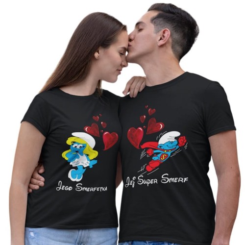 ZESTAW KOSZULEK WALENTYNKOWYCH LOVE PREZENT NA WALENTYNKI DLA PARY SMERFETKA I SUPER SMERF SMERFY 1
