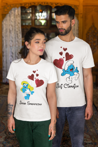 ZESTAW KOSZULEK WALENTYNKOWYCH LOVE PREZENT NA WALENTYNKI DLA PARY SMERFETKA I CIAMAJDA SMERFY 3