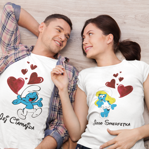 ZESTAW KOSZULEK WALENTYNKOWYCH LOVE PREZENT NA WALENTYNKI DLA PARY SMERFETKA I CIAMAJDA SMERFY 4