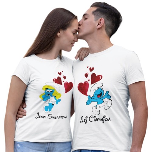 ZESTAW KOSZULEK WALENTYNKOWYCH LOVE PREZENT NA WALENTYNKI DLA PARY SMERFETKA I CIAMAJDA SMERFY 1