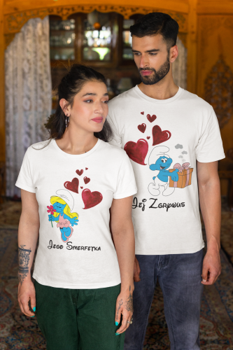ZESTAW KOSZULEK WALENTYNKOWYCH LOVE PREZENT NA WALENTYNKI DLA PARY SMERFETKA I ZGRYWUS SMERFY 3