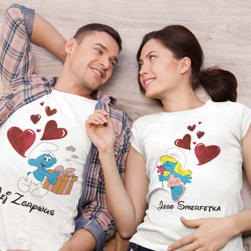 ZESTAW KOSZULEK WALENTYNKOWYCH LOVE PREZENT NA WALENTYNKI DLA PARY SMERFETKA I ZGRYWUS SMERFY 4