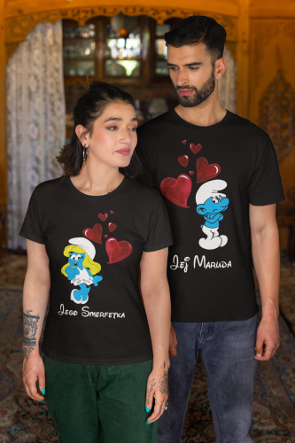 ZESTAW KOSZULEK WALENTYNKOWYCH LOVE PREZENT NA WALENTYNKI DLA PARY SMERFETKA I MARUDA SMERFY 3