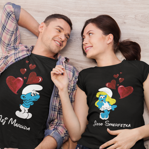 ZESTAW KOSZULEK WALENTYNKOWYCH LOVE PREZENT NA WALENTYNKI DLA PARY SMERFETKA I MARUDA SMERFY 4
