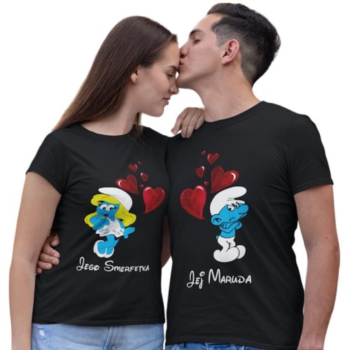 ZESTAW KOSZULEK WALENTYNKOWYCH LOVE PREZENT NA WALENTYNKI DLA PARY SMERFETKA I MARUDA SMERFY 1