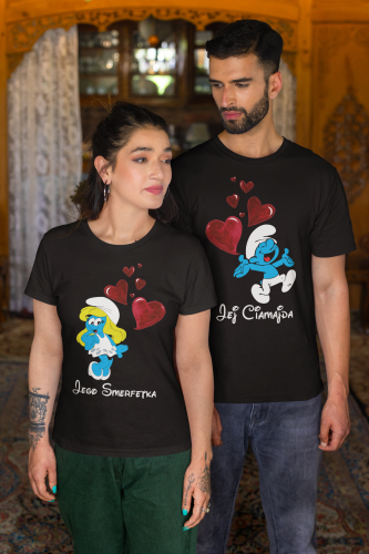 ZESTAW KOSZULEK WALENTYNKOWYCH LOVE PREZENT NA WALENTYNKI DLA PARY SMERFETKA I CIAMAJDA SMERFY 3