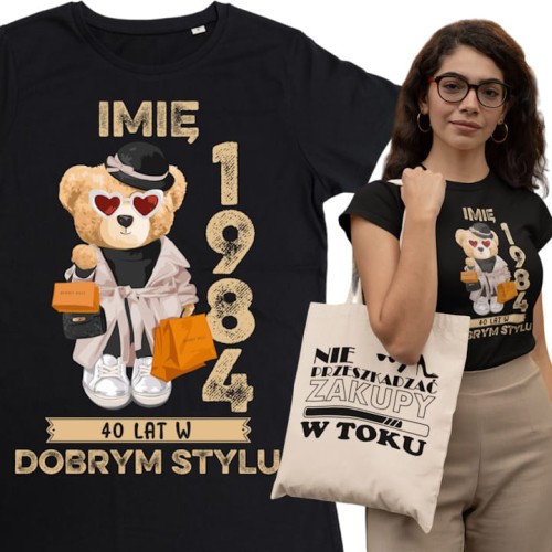 PERSONALIZOWANA DAMSKA KOSZULKA PREZENT NA 40 URODZINY 1984 STYLOWY MIŚ PODAJ IMIĘ TORBA GRATIS 1