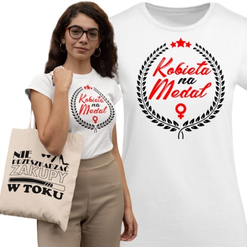 KOSZULKA DAMSKA PREZENT NA DZIEŃ KOBIET KOBIETA NA MEDAL TORBA GRATIS 1